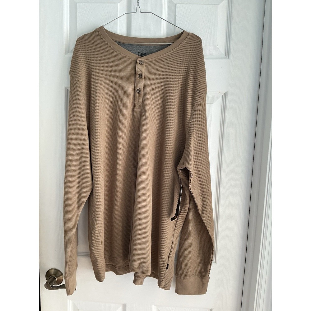 Lee XXL Men's Waffle Knit Henley Long Sleeve Taupe New